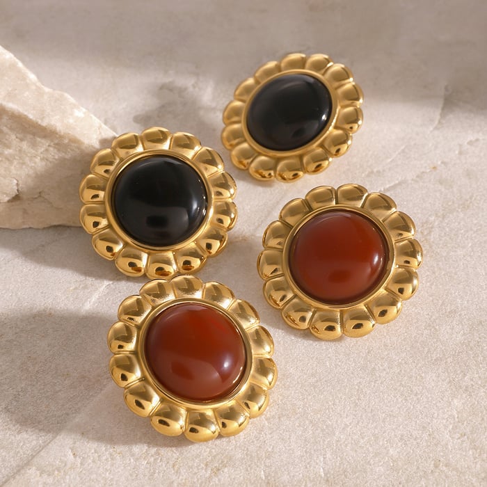 1 Pair Simple Retro Style Round Flower Shape Stainless Steel  Gold Color Women's Stud Earrings 